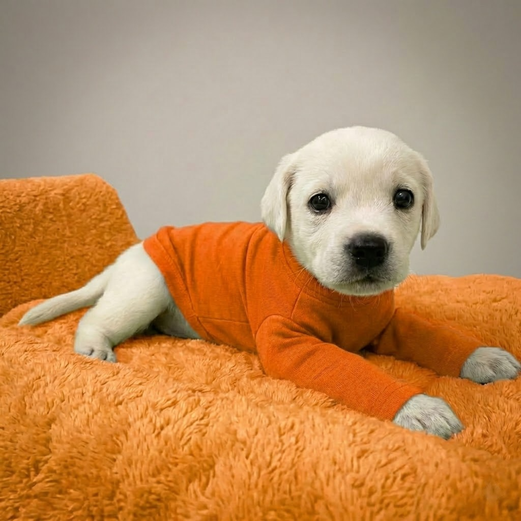 Bonnie - Cute white puppy wearing an orange sweater